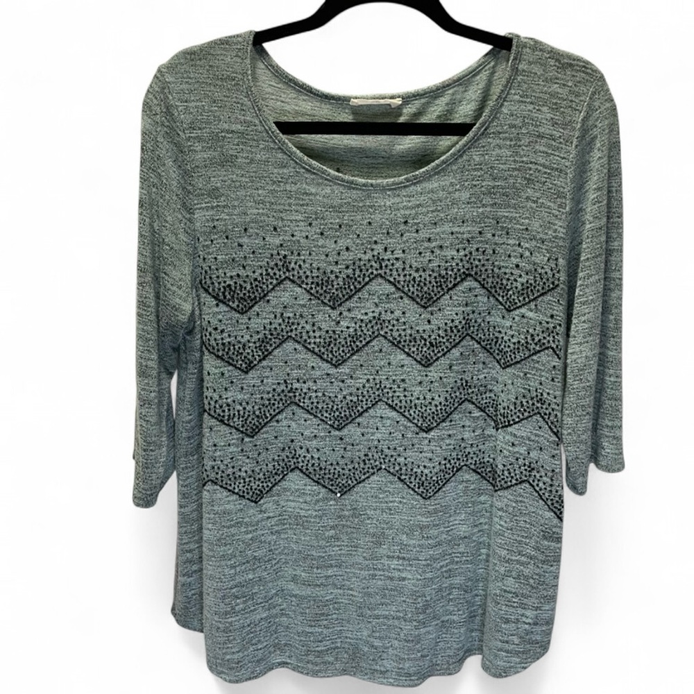 Rae Jiya Women's Large Gray Sequin Chevron 3/4 Sleeve Knit Top Blouse